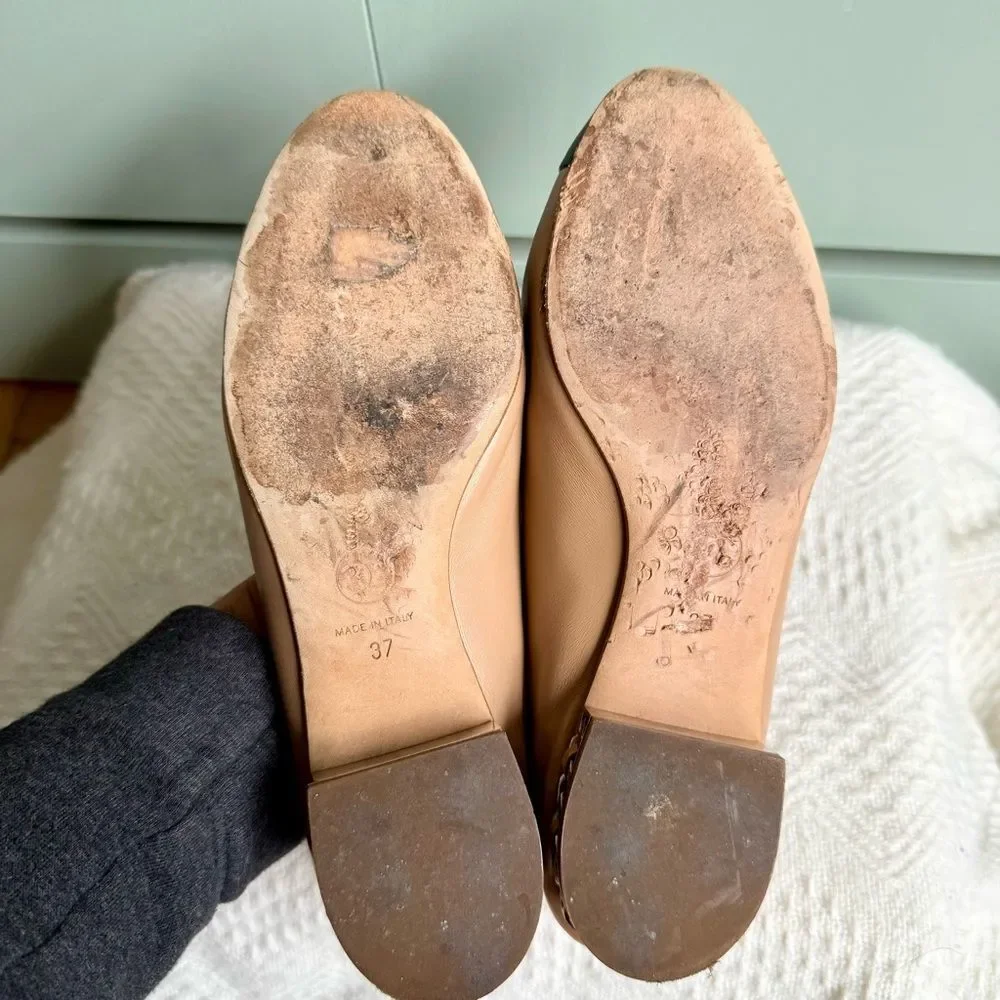 Chanel Beige/Black Leather Cap Toe Chain Ballet Flats Size US 6.5 / EU 37